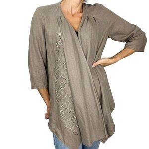 Edward 100% linen taupe open front embroidered beaded 3/4 sleeve jacket S